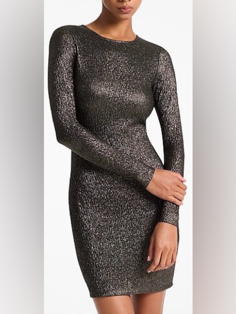 MICHAEL Michael Kors Metallic Crinkled Jacquard Dress — Black/Gold, Size XS, NWT
